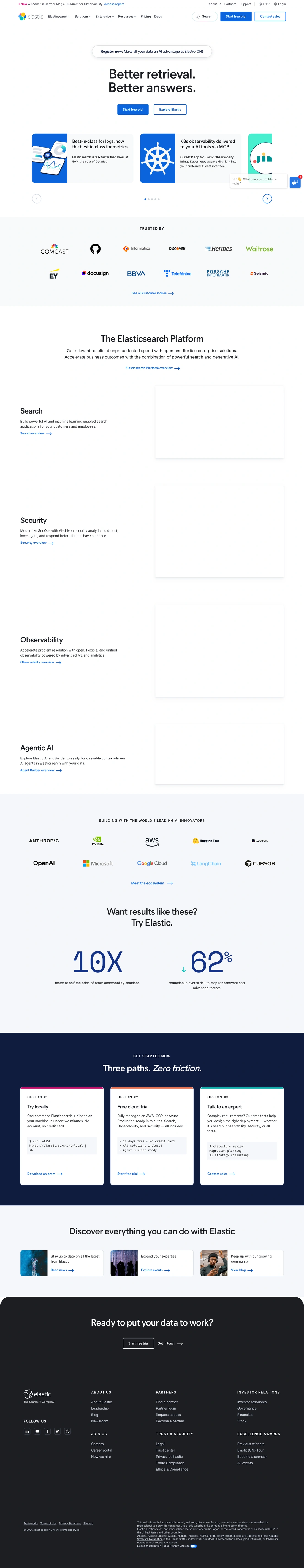 Elastic homepage screenshot