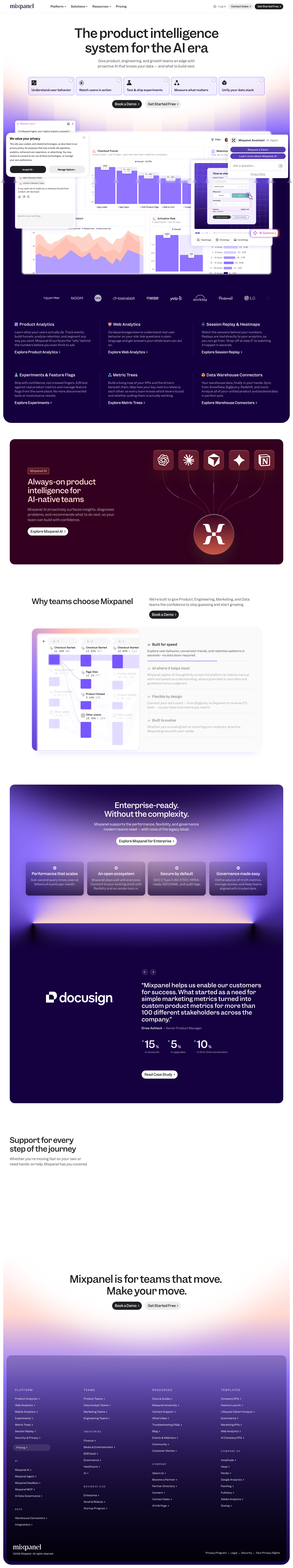 Mixpanel homepage screenshot, full resolution