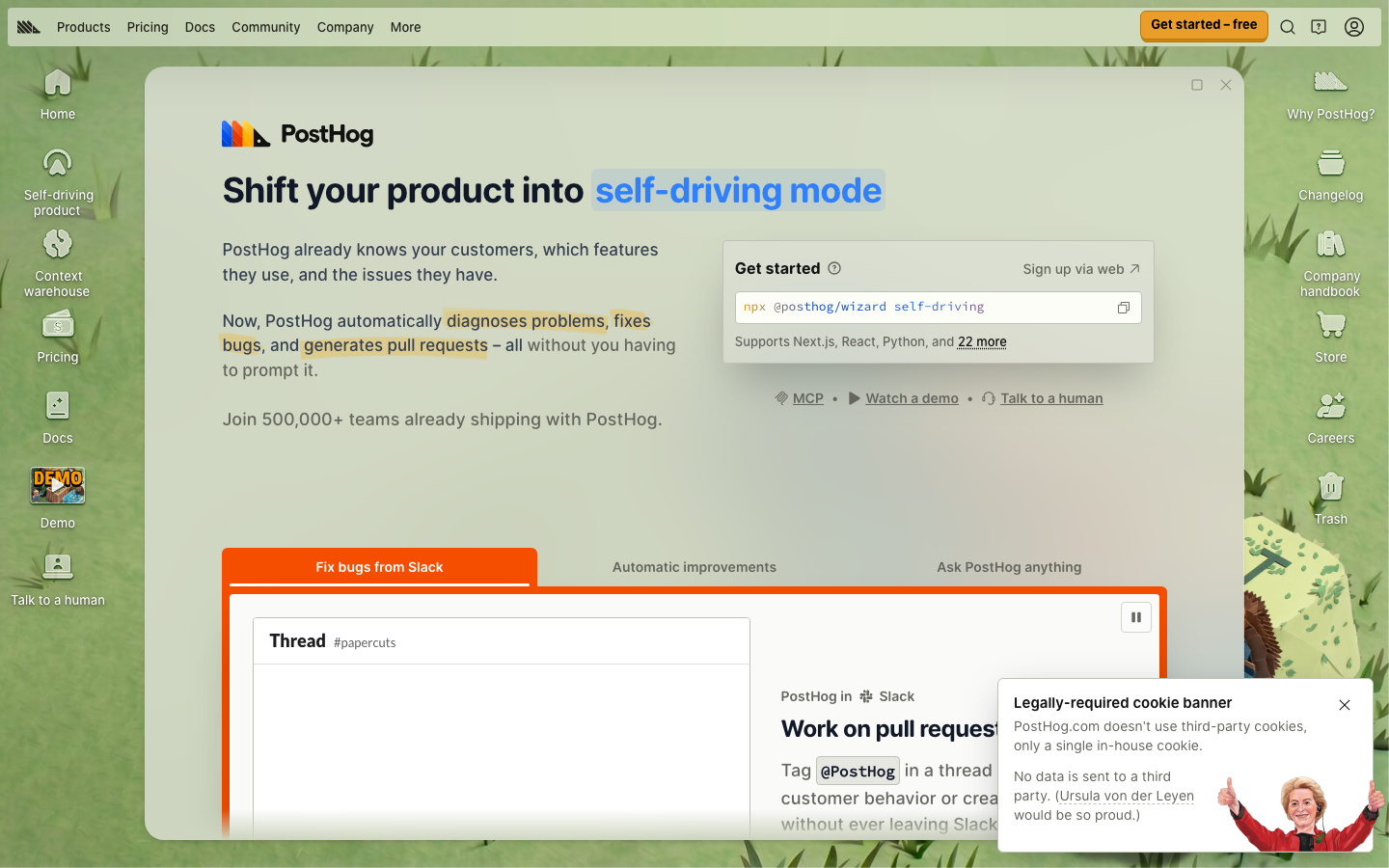 PostHog homepage screenshot, full resolution